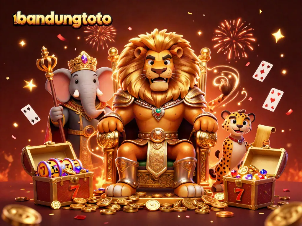 Experience thrilling games with bandungtoto's fierce lion king and his wise allies in a vibrant casino scene.