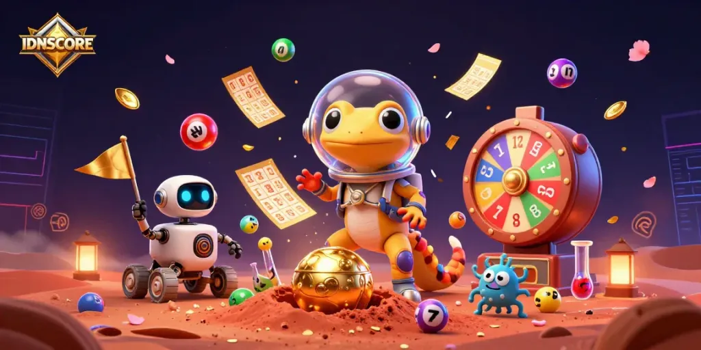 IDNSCORE delivers a thrilling online gaming experience with a vibrant casino illustration packed with fun elements.