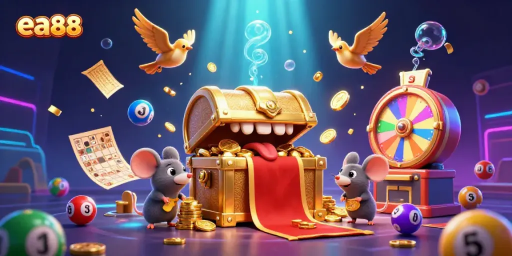 Experience the excitement of ea88 with vibrant casino elements and 3D characters promising great winnings.