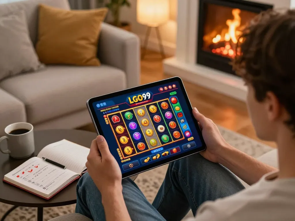 LGO99 user enjoying a mobile slot game session at home with strategic notes nearby.