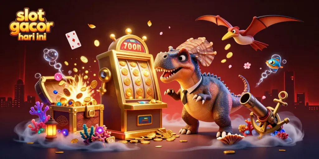 Slot gacor hari ini terwujud dalam ilustrasi 3D fantastis dengan dinosaurus dan mesin slot berkilau.