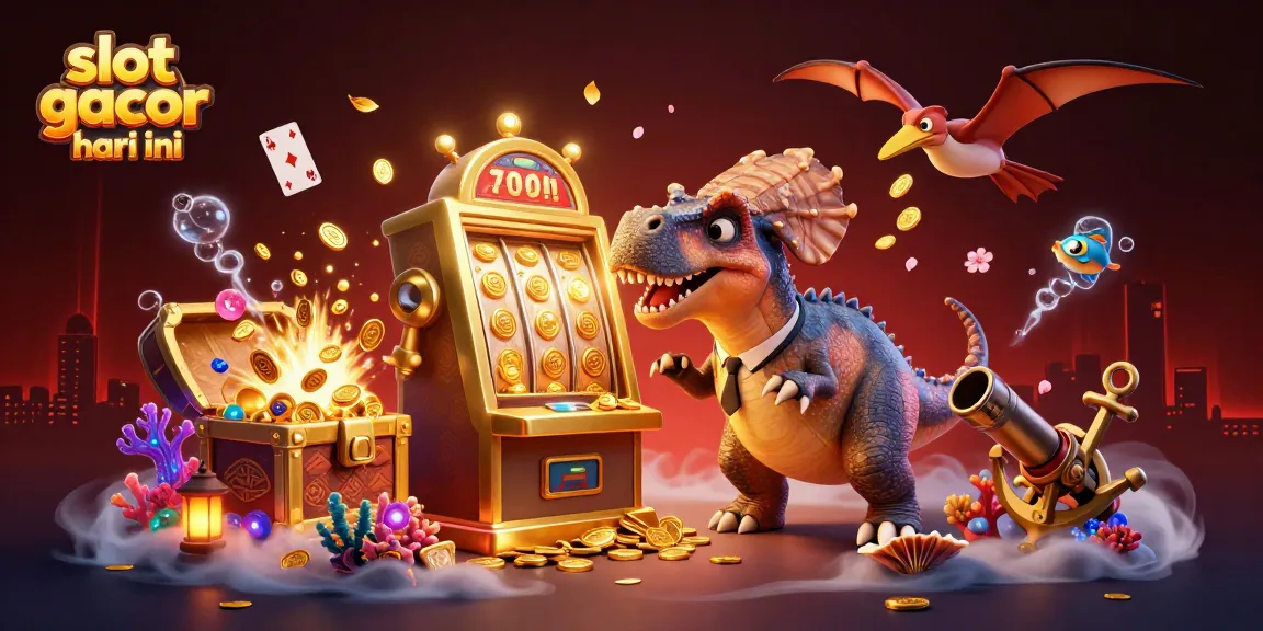 Slot gacor hari ini terwujud dalam ilustrasi 3D fantastis dengan dinosaurus dan mesin slot berkilau.