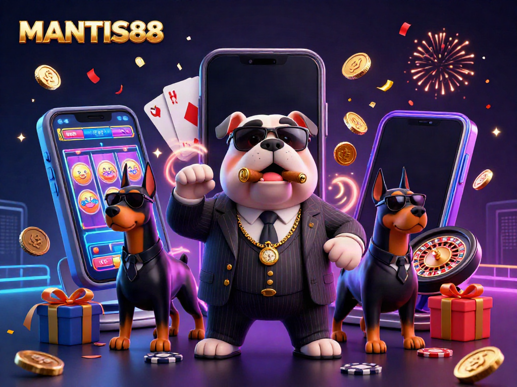 MANTIS88 showcases a vibrant casino scene with a mafia bulldog and Doberman bodyguards surrounded by gaming elements.