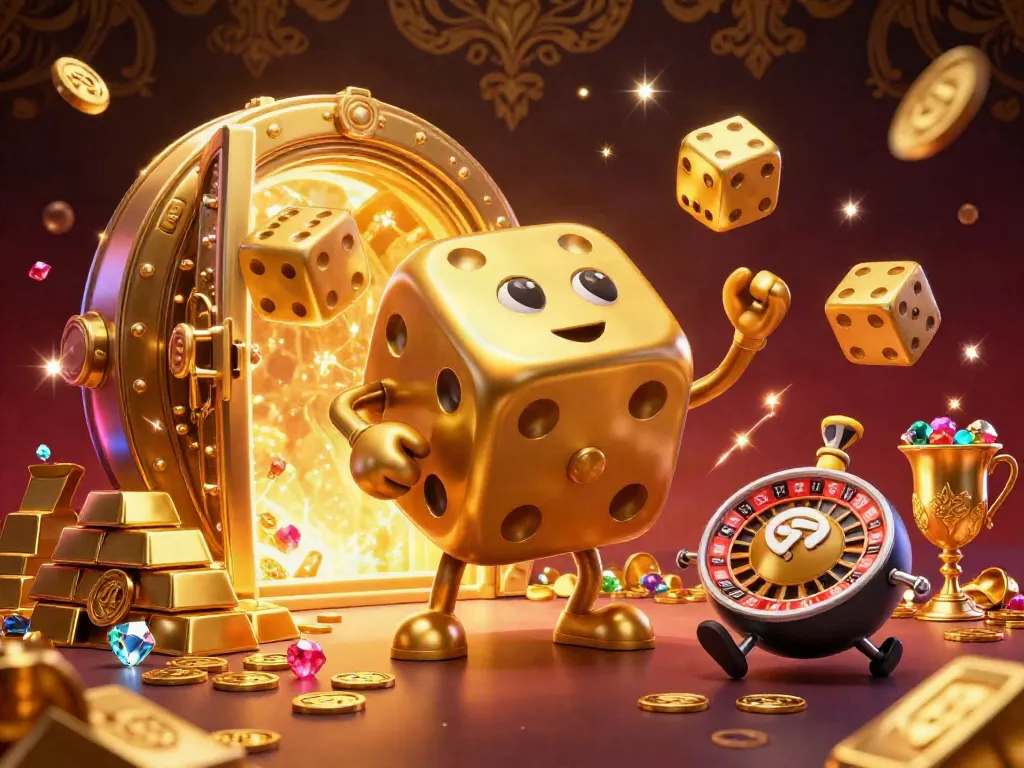 Experience thrilling action with slot88 in this 3D illustration featuring a golden dice golem and vibrant casino symbols.