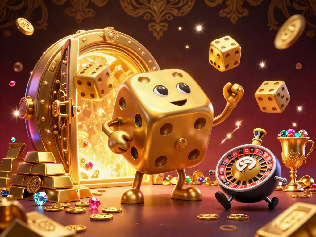 Experience thrilling action with slot88 in this 3D illustration featuring a golden dice golem and vibrant casino symbols.