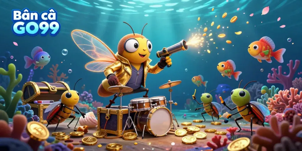 Engage in exciting Bắn cá GO99 gameplay featuring a vibrant underwater scene with dynamic characters and colorful sea creatures.