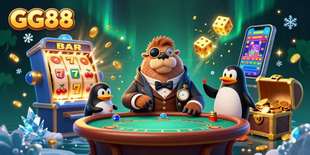 Experience the excitement of GG88 with a jolly walrus, penguin dealer, and a pufferfish player in an underwater casino scene.