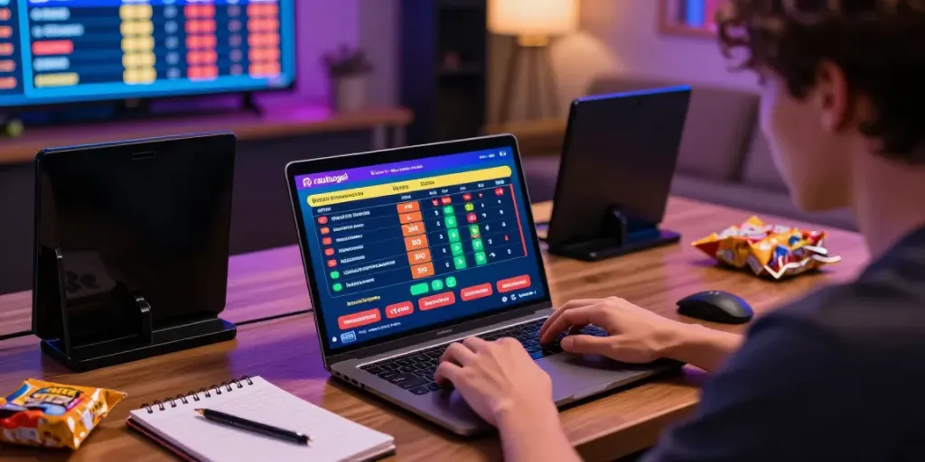 Pengguna ratutogel fokus pada taruhan online dengan laptop yang menampilkan hasil undian dan peluang taruhan.