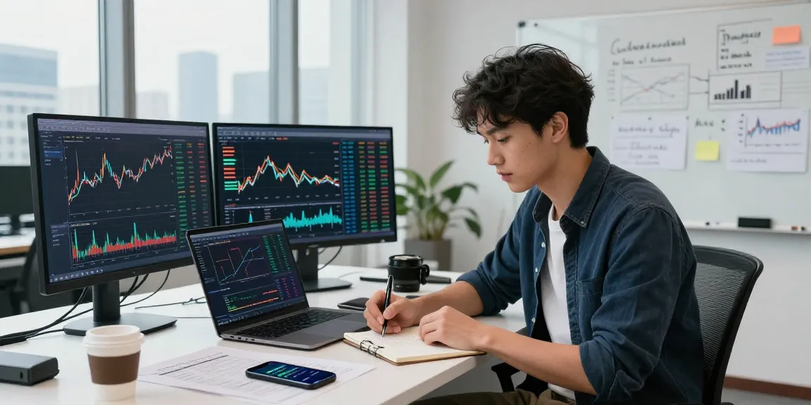 Analisis cryptocurrency di kantor modern oleh profesional muda dengan uangemas99 di layar, catatan dan laporan finansial terlihat.