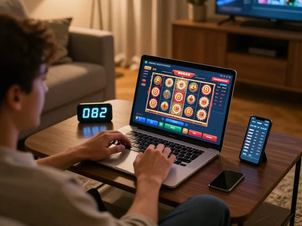 Pemain memutar gulungan mega slot di aplikasi seluler sambil melacak bankroll di lingkungan rumah yang nyaman