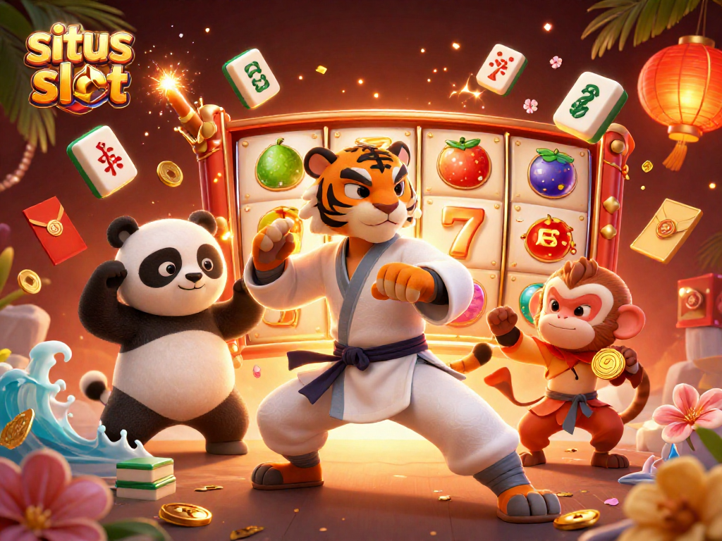Experience excitement at situs slot with playful characters, golden symbols, and dynamic spinning reels.