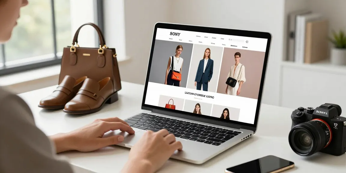 Pengalaman belanja online LUXURY12 Online dengan produk fashion mewah di laptop di ruang kerja modern.