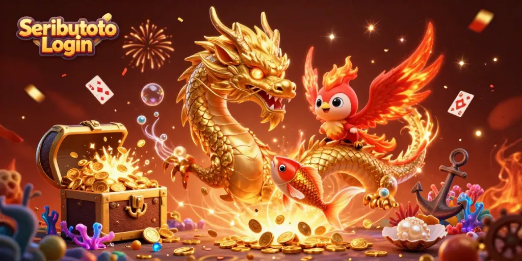 Engage with Seributoto Login through a vibrant 3D casino scene featuring mythical creatures and gaming elements.