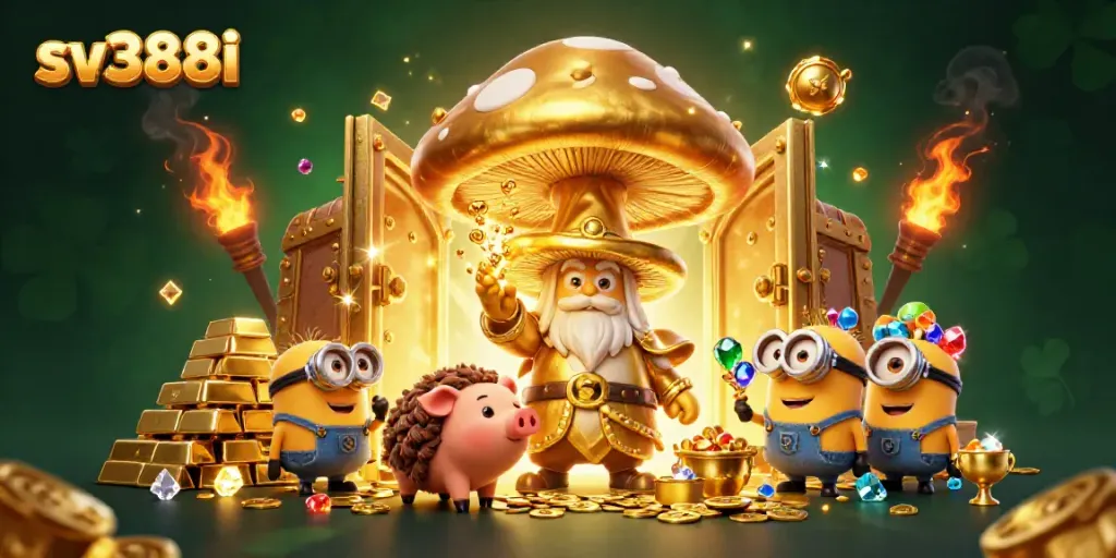 Engage with sv388i's 3D dynamic casino scene, featuring a golden wizard and treasure.