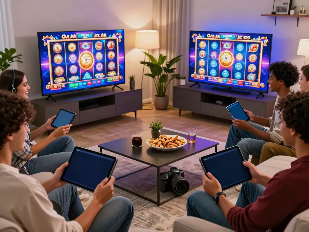 Friends enjoying slot online games on various devices in a cozy living room.