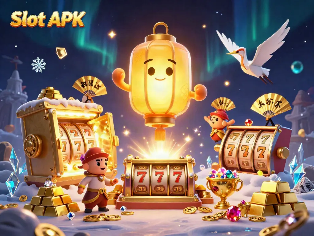 Spin and win with Slot APK in an enchanting casino, featuring golden characters and vibrant reels.
