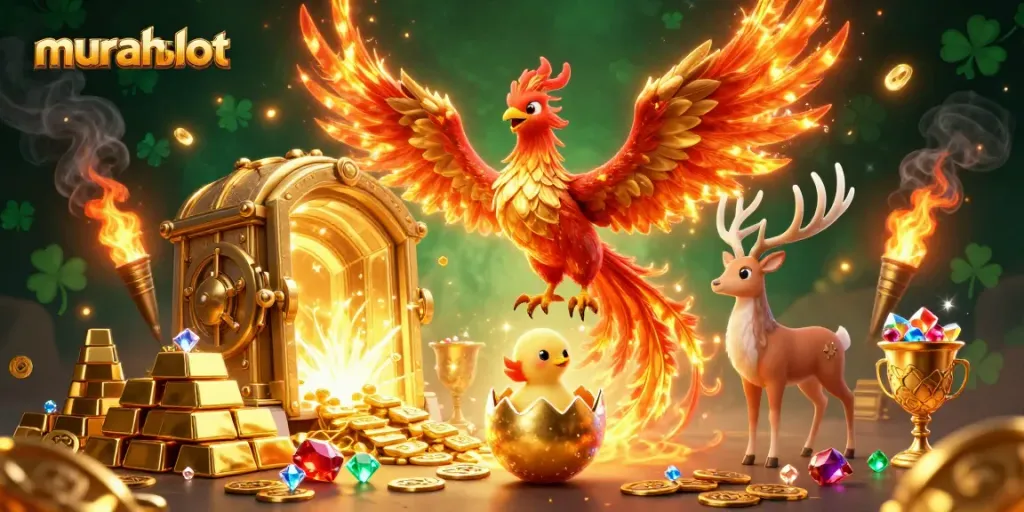 Play and win on murahslot with vibrant 3D phoenix illustration showcasing riches and excitement.