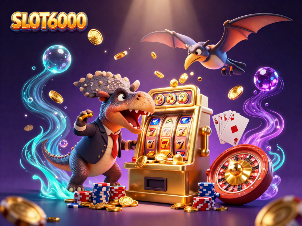Gambaran SLOT6000 dengan dinosaur pachycephalosaurus yang menyerang mesin slot emas, memberikan jackpot koin