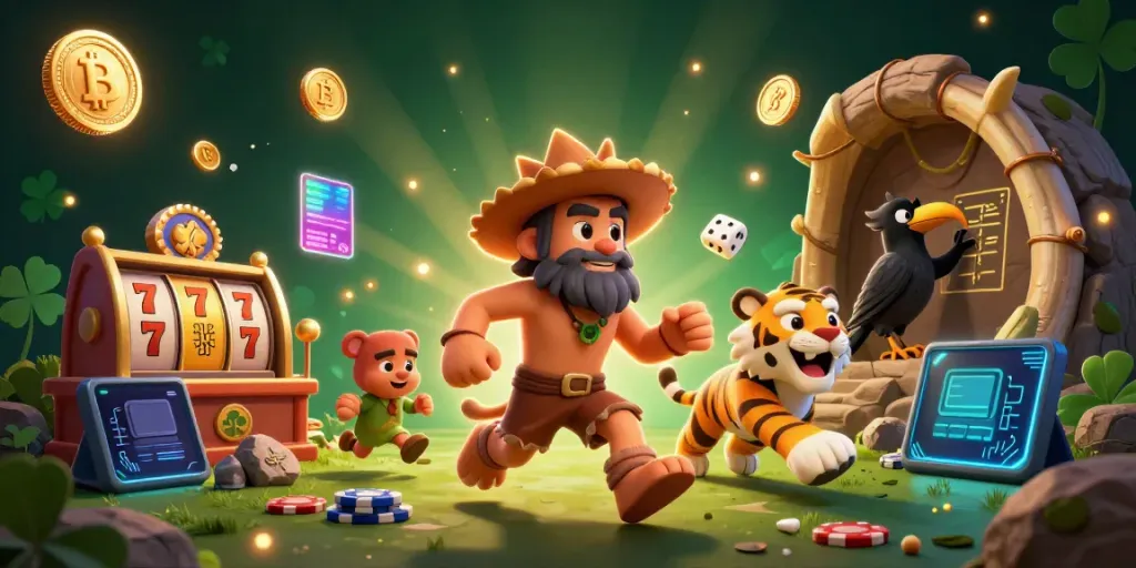 Permainan slot menarik dalam ilustrasi kasino prasejarah dengan karakter kartun.