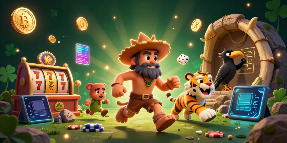 Permainan slot menarik dalam ilustrasi kasino prasejarah dengan karakter kartun.