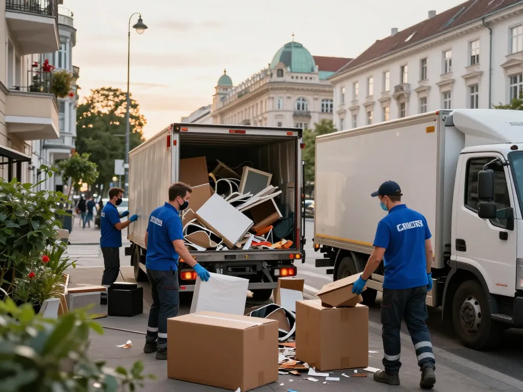 Effiziente Räumung Wien Szene mit einem professionellen Team, das Unordnung aus einer Wohnwohnung beseitigt.