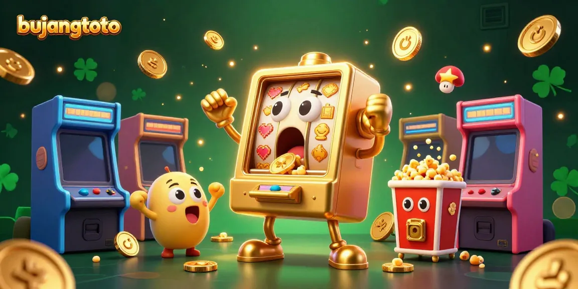 Bujangtoto's golden slot machine celebrates a jackpot surrounded by cheering baby slots and a popcorn machine.