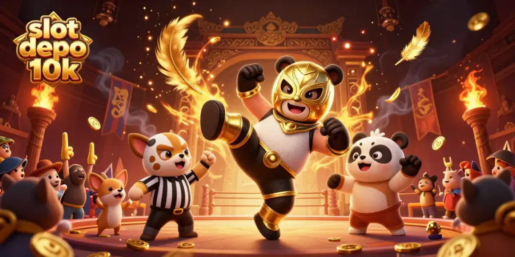 Menghadirkan slot depo 10k, ilustrasi kartun 3D panda pegulat bertopeng emas melakukan tendangan terbang dalam arena.