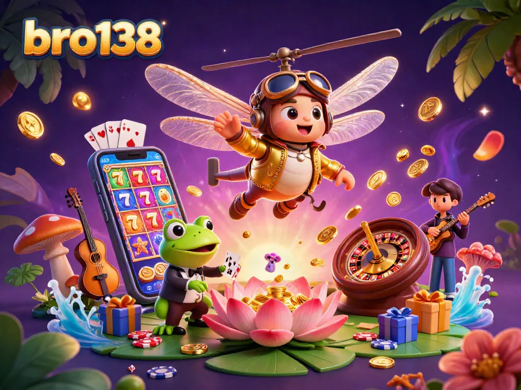 Experience thrilling games at bro138 with stunning visuals of a dragonfly pilot and casino elements.