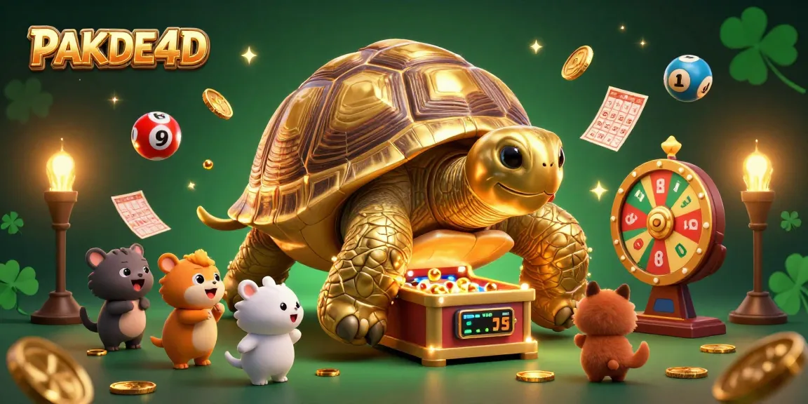 Engage with PAKDE4D as a vibrant illustration showcases a golden tortoise lottery pinball machine filled with excitement.