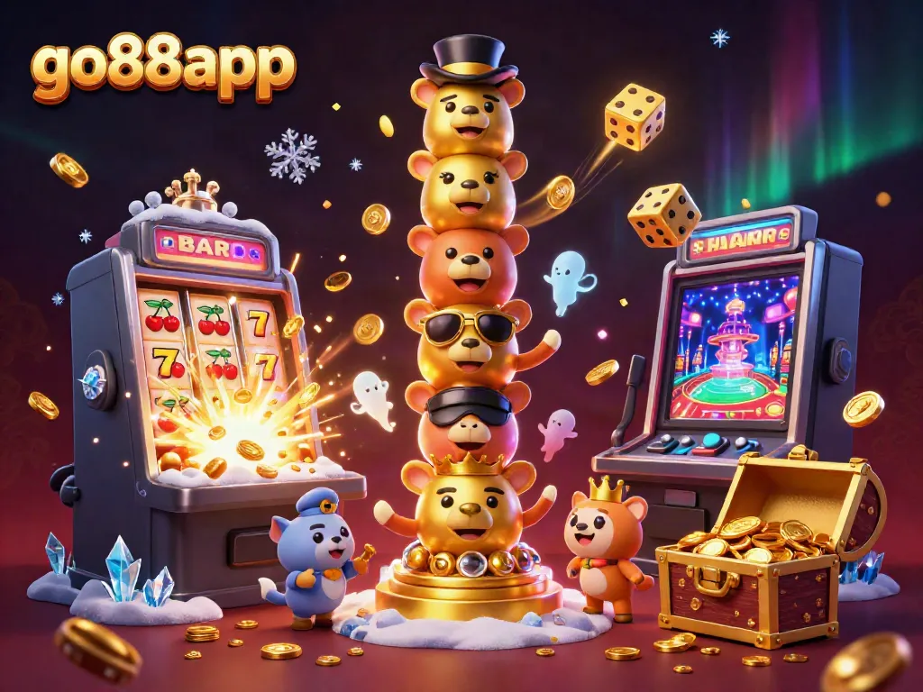Experience the excitement of go88app with animated casino elements, vibrant slot machines, and playful totems in a rich 3D scene.