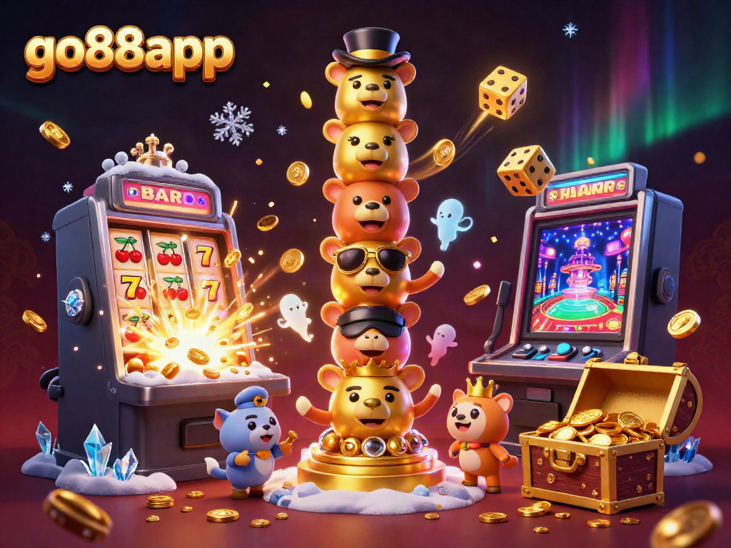 Experience the excitement of go88app with animated casino elements, vibrant slot machines, and playful totems in a rich 3D scene.