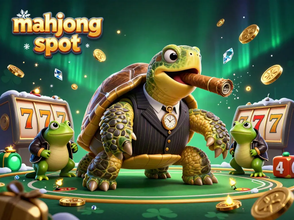 Permainan mahjong slot yang menempatkan penyu besar dan katak dalam suasana kasino elektrik.