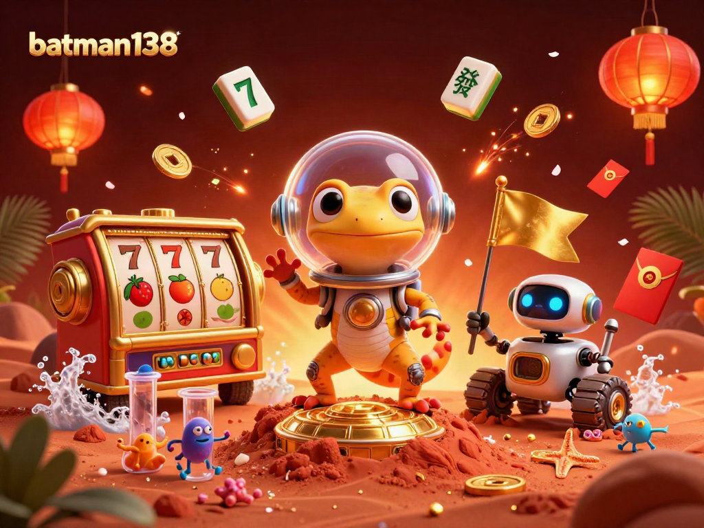 Join the excitement at batman138 with a vibrant illustration of a Martian gecko exploring a gold casino!