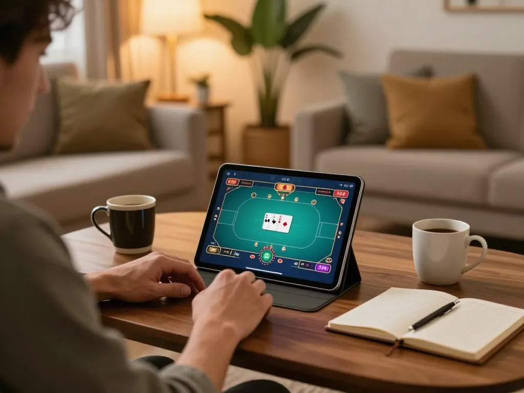 LGO GOAL player enjoying a strategic online poker game in a cozy home setting