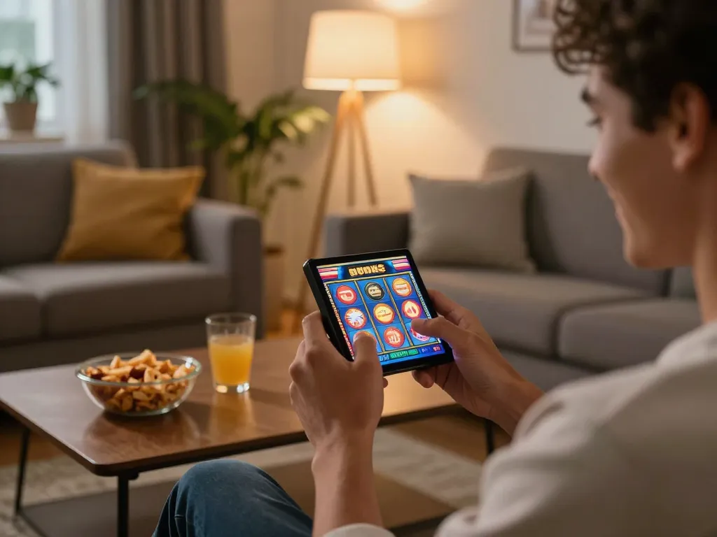 PULSASLOT player enjoying exciting slot games on a mobile device in a cozy living room setting.