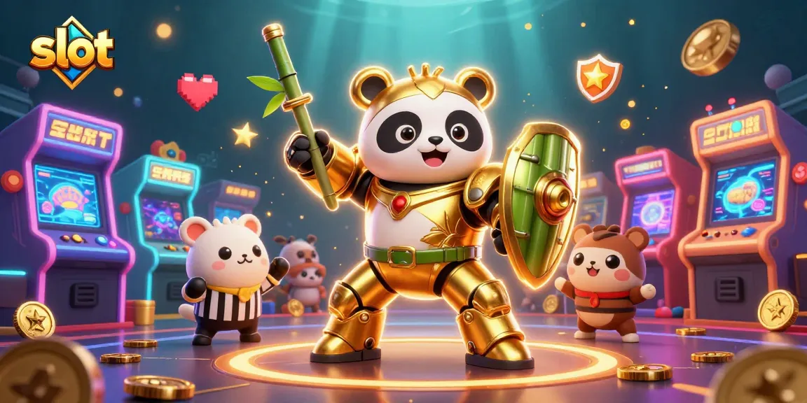 Slot yang menarik dengan karakter panda emas bertarung di arena, dikelilingi mesin permainan 3D.
