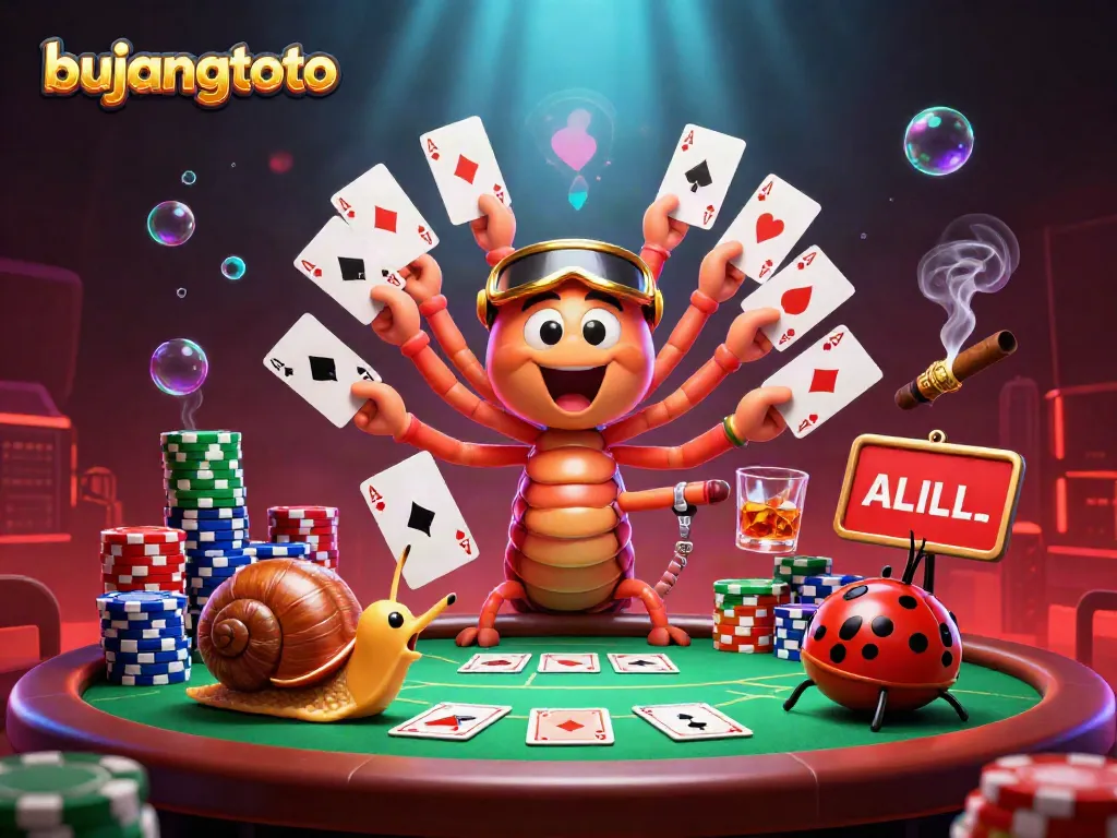 Experience the thrilling action of bujangtoto with a dynamic casino scene featuring a cartoon millipede dealer.