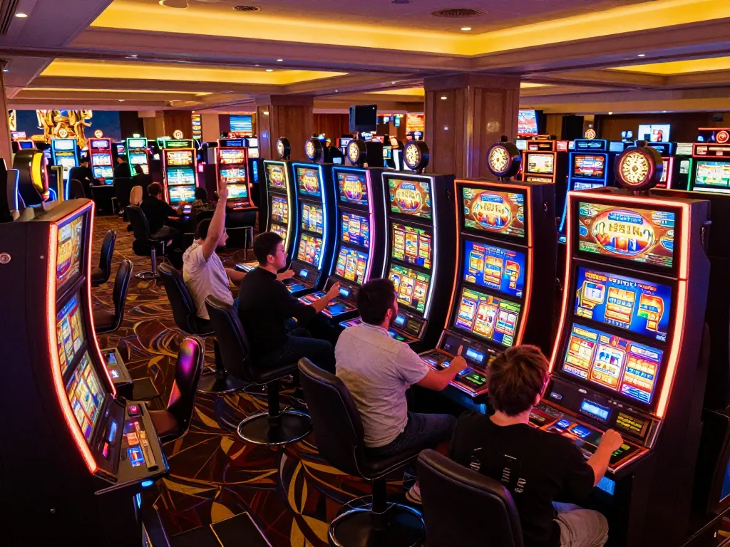Players enjoying thrilling slot machines while considering DAFTAR IDNSCORE gaming options for higher wins