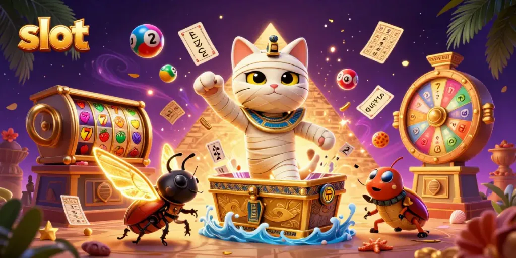 Mesin slot mengeluarkan jackpot besar dalam ilustrasi kasino yang penuh warna.