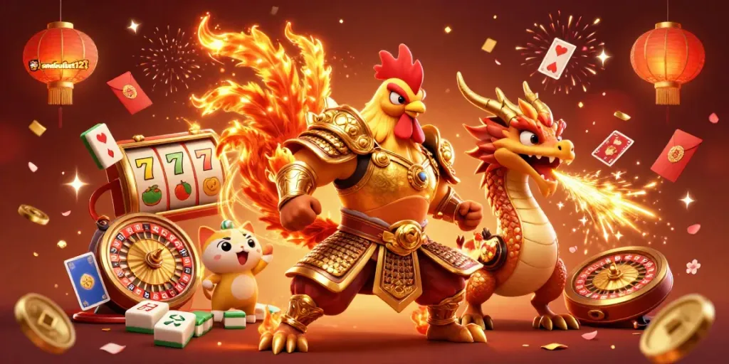 anabulbet123 menampilkan kasino online dengan karakter ayam pejuang dan naga, simbol keberuntungan, dan latar belakang meriah.
