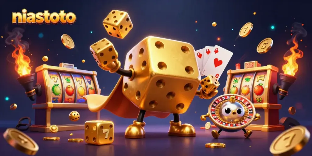 Engage with niastoto's exciting slot games featuring golden dice golem, vibrant slot elements, and dynamic atmosphere.