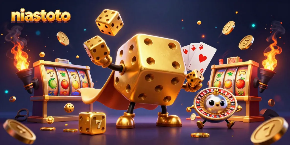 Engage with niastoto's exciting slot games featuring golden dice golem, vibrant slot elements, and dynamic atmosphere.