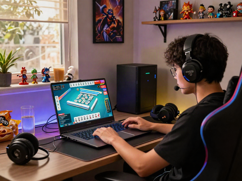 Engaged player enjoying MAHJONGJP88 hari ini on a vibrant gaming laptop in a stylish setup.