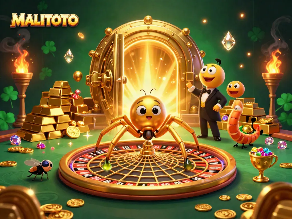 Experience the thrill of MALITOTO as a fly places bets by a roulette-shaped web spun by a golden spider in an extravagant casino scene.
