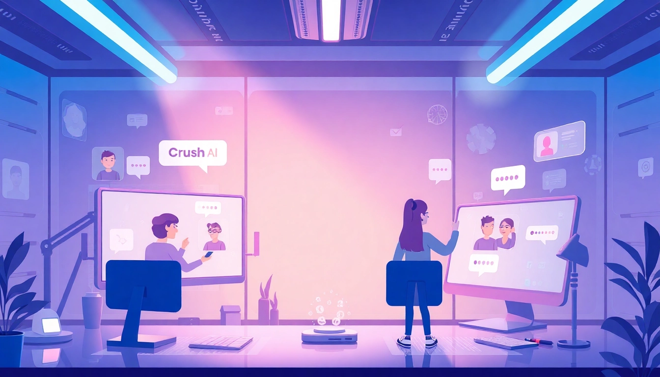 Engaging Crush AI interface with friendly virtual companions in futuristic workspace.