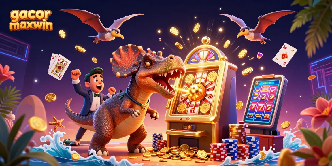 Play slots and win jackpots with gacor maxwin amidst flying coins and exciting elements in a vibrant casino scene.
