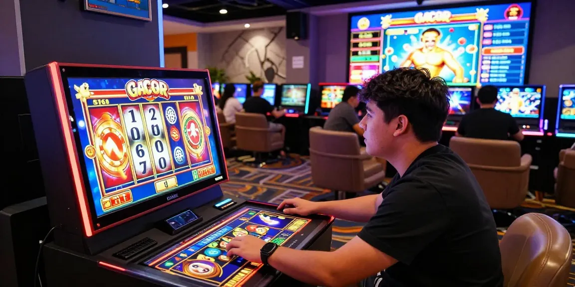 Player immersed in a slot gacor game in a vibrant online casino, showcasing excitement.