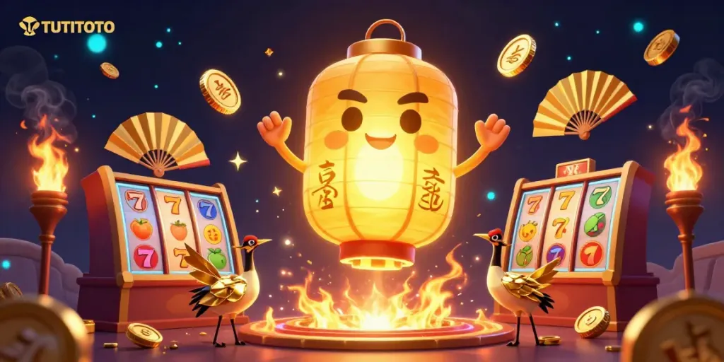 TUTITOTO engages players with a magical casino experience featuring a glowing lantern spirit and lucky symbols.