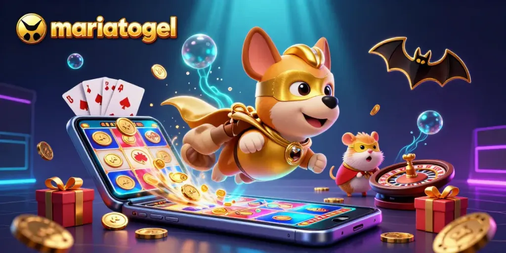 Experience thrilling gaming with mariatogel in this vibrant 3D scene featuring a superhero dog and dynamic casino elements.