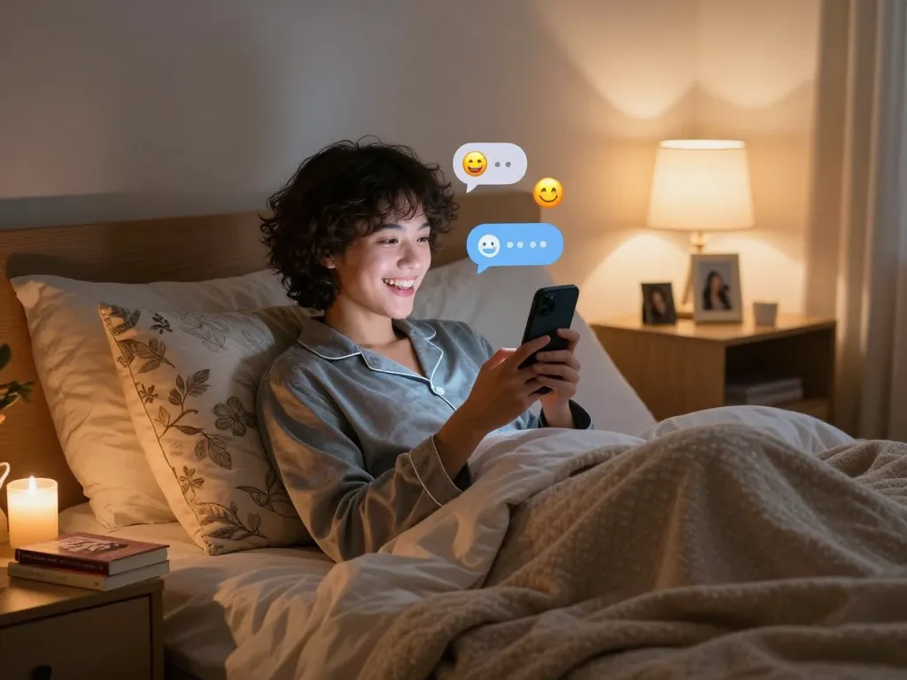 Engaging in ai sexting on a smartphone in a cozy bedroom.
